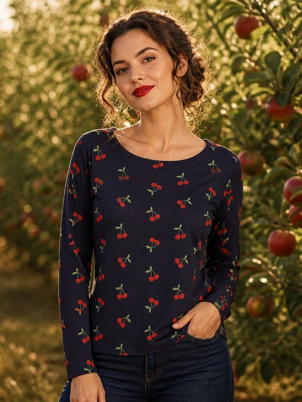 Cato Navy Cherry Print Long Sleeve Top